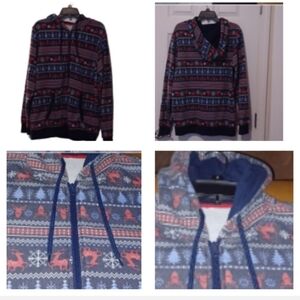 💙🌺ADT Blue and Red Zip Up Sweater with Festive Pattern